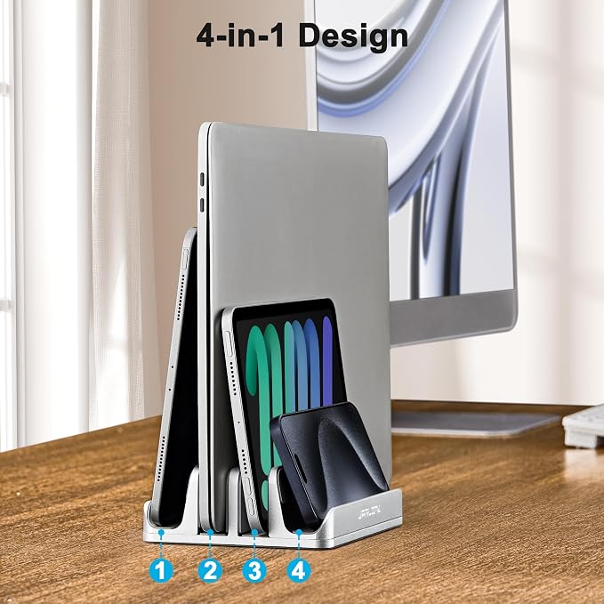 JARLINK 4-in-1 Adjustable Vertical Laptop Stand, Aluminum Holder, Silver | Space-Saving Aluminum Laptop Holder, Compatible with All MacBook, Surface, Chromebook, Phone, and Gaming Laptops.