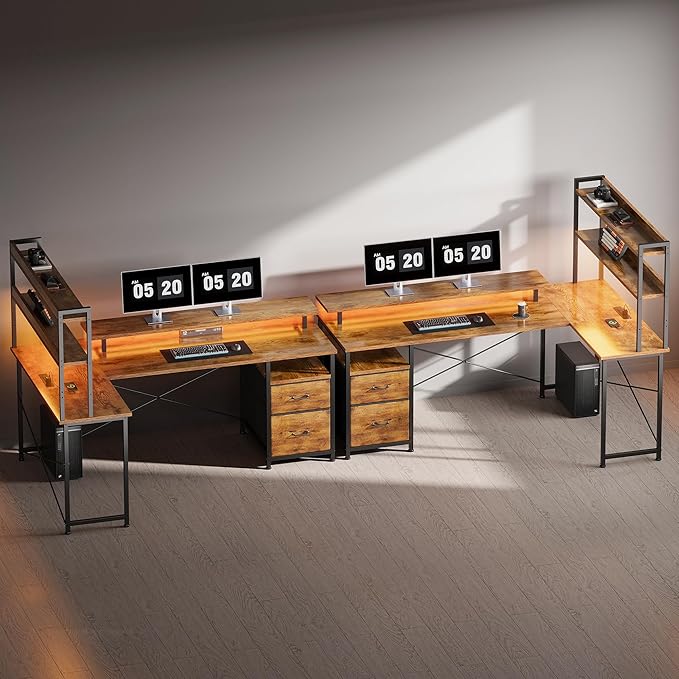L Shaped Gaming Desk, Reversible with LED Lights, Shelves, Brown | Reversible, LED lights, Charging, Monitor stand