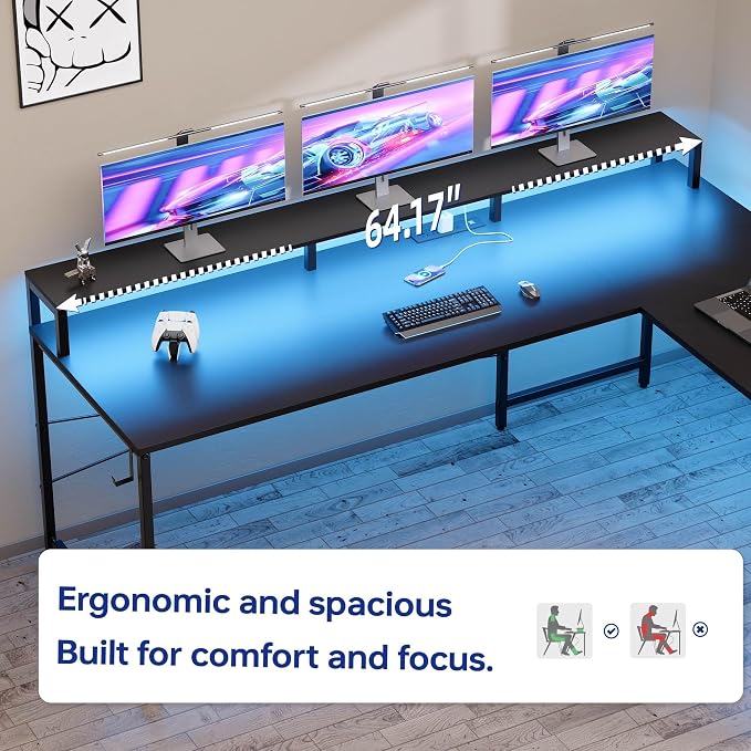 Pamray 64 Inch L Shaped Gaming Desk with Monitor Stand and Power Outlets | Large Corner Computer Desk With Pegboard & Led Lights USB Charging Ports for Home Office Study and Writing Bedroom and Dorms