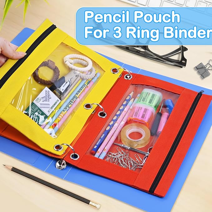 100 Pack Pencil Pouch for 3 Ring Binder in 10 Assorted Colors | Smooth Zipper Pouch Bulk in 10 Assorted Colors, School and Office Supplies with Clear Window