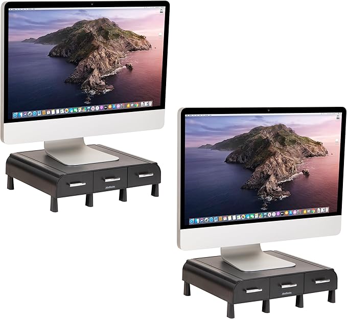 Mind Reader Monitor Stand, 3 Storage Drawers, Desktop Organizer, Riser, Office, 13.5"L x 13"W x 4"H, Set of 2, Black