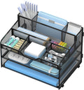 3 Tier Mesh Paper Desk Organizer with Pen Holders, Black | Features 3 pen holders, and 5 adjustable compartments for office school home desk storage