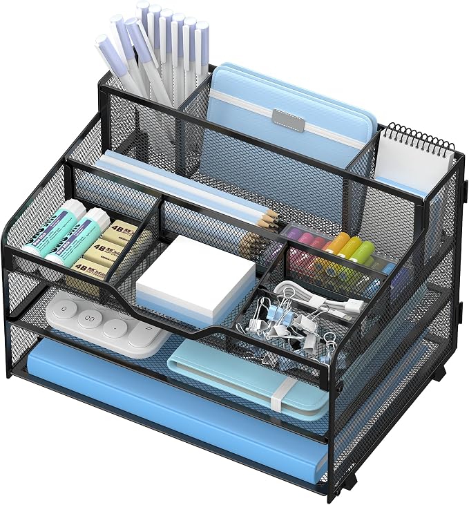 3 Tier Mesh Paper Desk Organizer with Pen Holders, Black | Features 3 pen holders, and 5 adjustable compartments for office school home desk storage