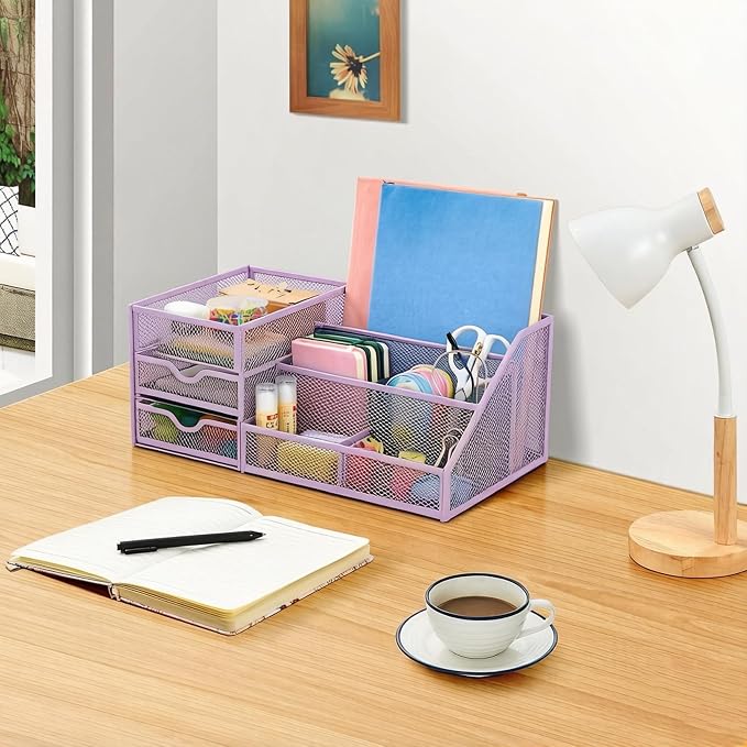 Lavatino Mesh Desk Organizer with 6 Compartments & 2 Drawers, Larger Multi-functional Desktop and Workspace Accessories Organizer for Office, Classroom, Dorm Supplies (Purple)