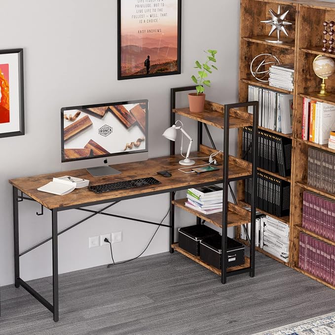 IRONCK Computer Desk 55" with Power Outlet and Storage Shelves,Rustic Brown | Study Writing Table with USB Ports Charging Station, PC Desk Workstation for Home Office