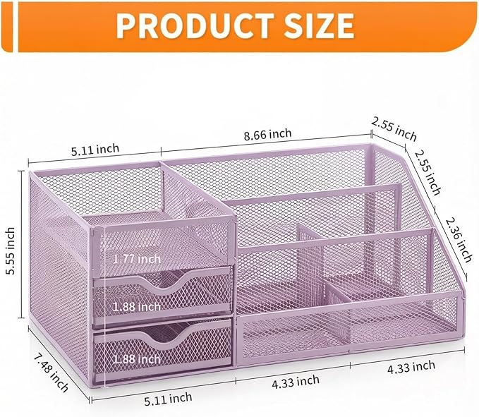 Lavatino Mesh Desk Organizer with 6 Compartments & 2 Drawers, Larger Multi-functional Desktop and Workspace Accessories Organizer for Office, Classroom, Dorm Supplies (Purple)