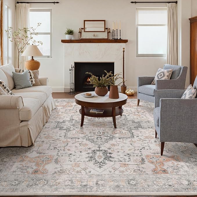 GENIMO 5x8 Area Rugs for Living Room, Machine Washable Low Pile Rugs, Chenille Non Slip Vintage Rug for Bedroom, Dining Room, Home Office, Light Taupe Brown