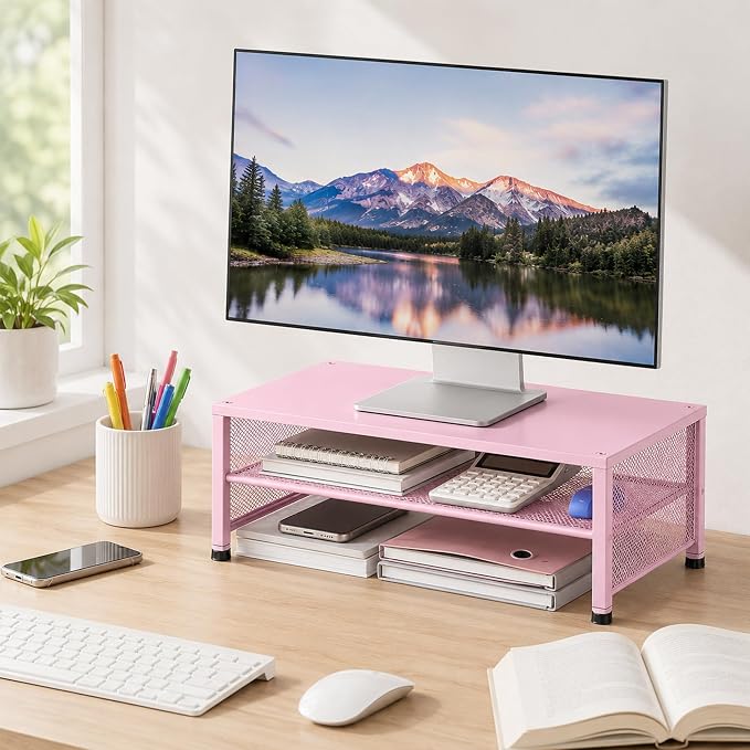 2-Tier Computer Monitor Stand Riser, Laptop Stand for Desk, Desk Organizer for Office, Home and School Supplies, Pink
