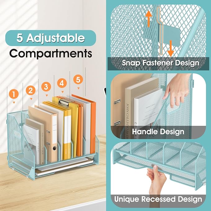 5 Vertical Mesh Desk Organizer with Paper Letter Tray, Blue | Sorting racks with lower letter tray section. Multipurpose mesh desktop space saver for home office and school