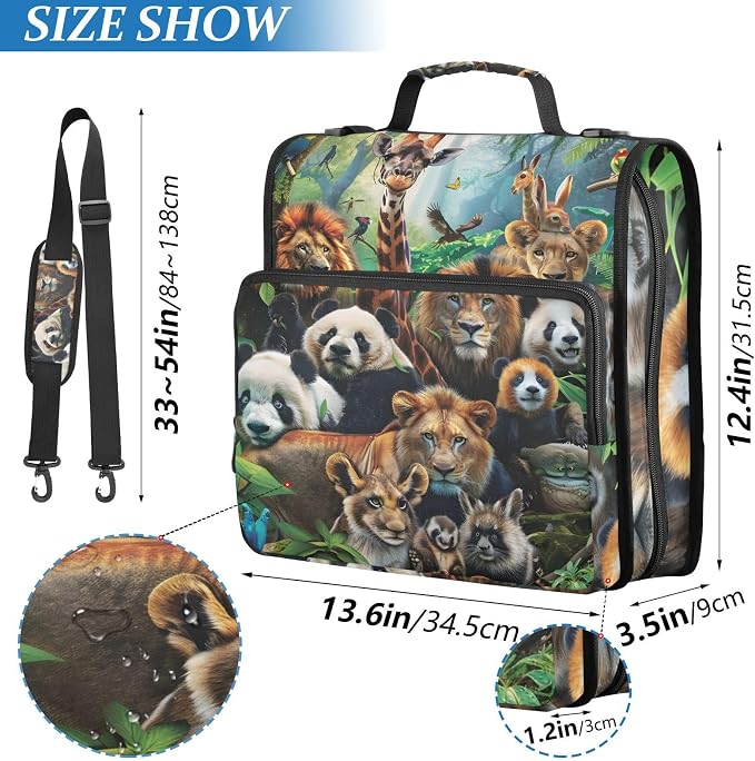 Animals 3 Ring Binder Bag 1.5 inch Binder Organizer with Zipper Shoulder Strap 500 Sheet Documents Storage for School Office