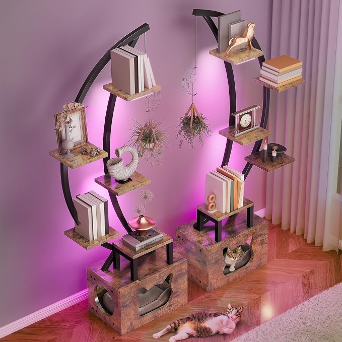 DWVO Tall Bookshelf with LED Light | Artistically Designed Moon Arched Bookcase, Cats Litter Box, Corner Display Shelf, For Home Office, Bedroom