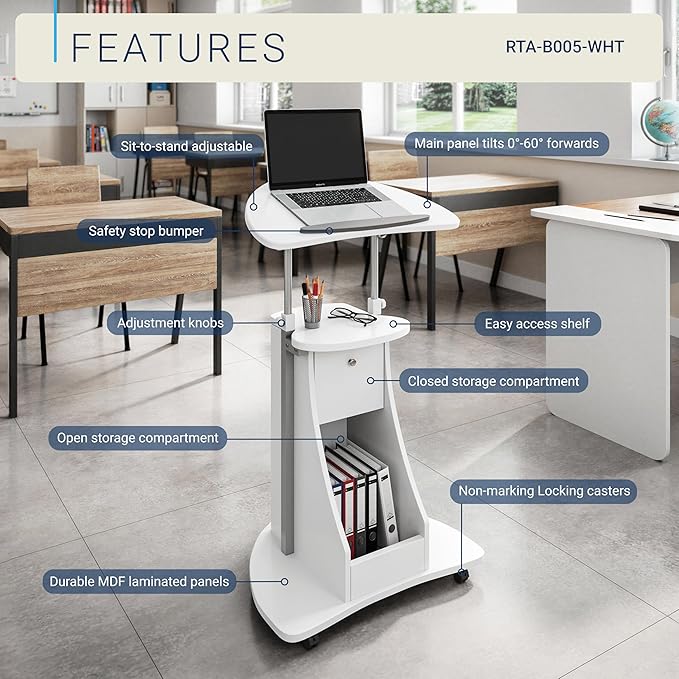 Techni Mobili Adjustable Height Rolling Laptop Cart with Storage, White | Adjustable Height Rolling Laptop Cart with Tilting Top, Storage Shelf, Locking Wheels, Sit to Stand Desk, Mobile Podium,White