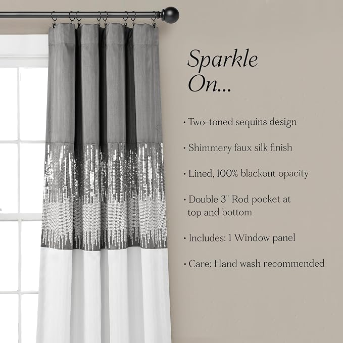 Lush Decor Night Sky 100% Blackout Window Curtain Panel Single 42"W x 84"L, Gray & White - Blackout Curtains For Bedroom - Sequin Curtains - Glam Decor