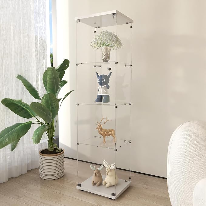 Frameless Glass Display Cabinet, Curio Cabinet Display Case with Lock and Glass Door, Quick-Install Floor Standing Showcase Display Shelf for Collectibles, Legos, Figures, Plants