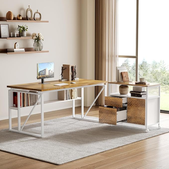 LITTLE TREE 63-Inch Office Desk with 31.5-Inch Lateral File Cabinet, Study Writing Desk Computer Desk for Home Office