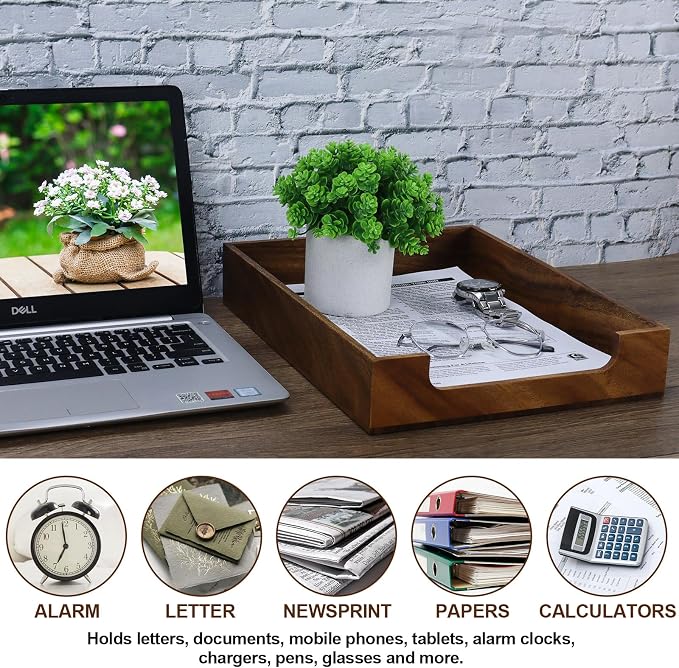 Multibey Walnut Wood Letter Tray for Desk, A4 Paper File Holder Organizer | A4 Wooden Paper Tray with Rounded Corners, Paper Document File Tray Storage Holder for Office & Home School, Black Walnut