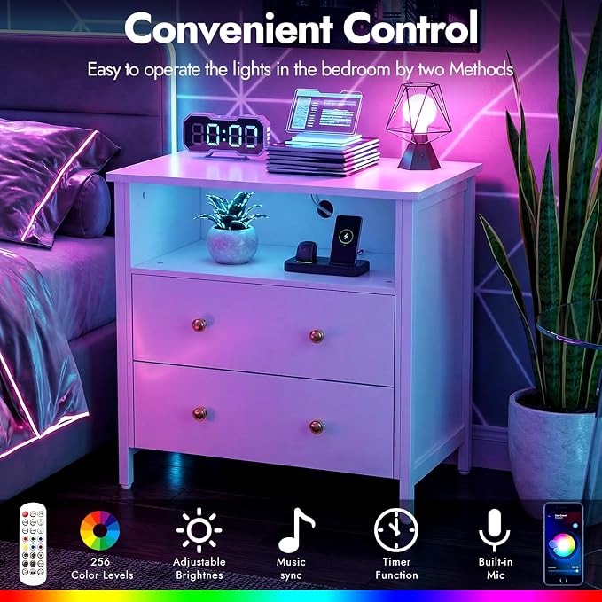 27" LED Nightstand Set 2 with Charging Station, 2 Drawers, White | RGB App Control, 2 AC Outlets & 2 USB Ports, Open Storage, Adjustable Feet, Wood Tall Nightstand for Bedroom or Office