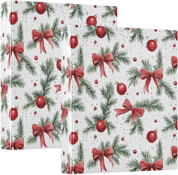 Watercolor Christmas Red Bows and Green Fir 3 Ring Binder 1.5" Decorative D-Ring Binder with Clipboard&3 Clear Pockets, Holds 200 Sheets A4 Size Paper Waterproof Binders for School Home Office