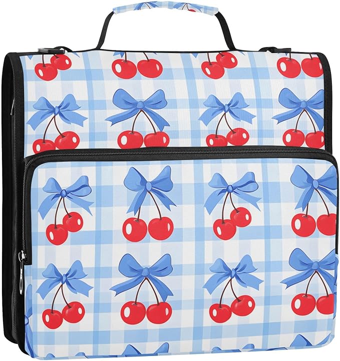 3 Ring Zipper Binder with Shoulder Strap Cherry Blue Bow 1.5 inch Binders Keeper Large Capacity Multi Pockets for School Office Supplies