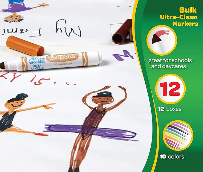 Crayola Ultra Clean Washable Broad Line Markers (12 Boxes), Bulk Classroom Markers for Kids, 10 Colors, Teacher Must Haves Wishlist, Bulk School Supplies
