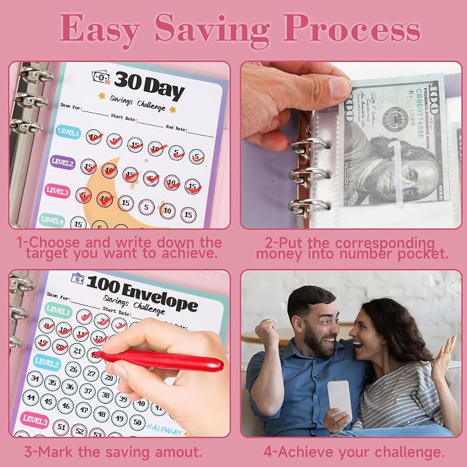 2 Pack 100 Envelopes Money Saving Challenge, Cash Budget Planner A5 Binder | Savings Challenges Book Organizer Folder with 3 Tracker to Save $5,050 $2,600 $300, 100 Pre-numbered Pockets, Red & Pink