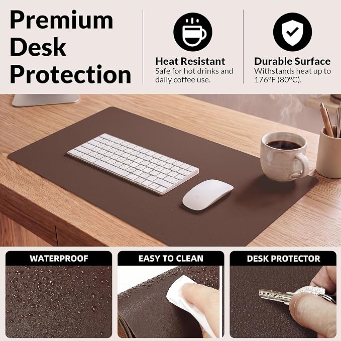 AFIING Leather Desk pad Protector, 35.4" x 17", Coffee,Desk mat | Dual-Sided Cork & PU Leather, Waterproof, Non-Slip, For Office & Gaming