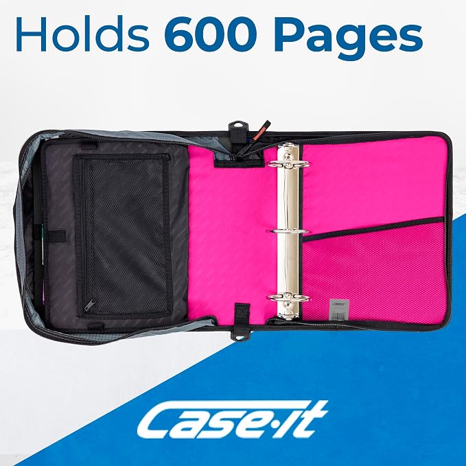 Case-it School Zipper Binder | 3-Inch O-Rings | 600-Sheet | D-146 Magenta | Mighty Zip Tab, 5-Subject Expanding File Folder, Multiple Pockets, Storage Organizer, Shoulder Strap, 6-Pack, Office