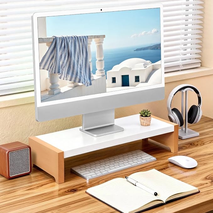 Monitor Stand Riser | White Metal & Wood Computer Monitor Stand Riser for Desk, Max Load Capacity 40LB