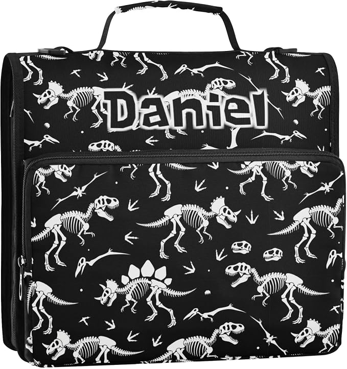 Custom Dinosaur Skull Black Pattern 3 Ring Zipper Binder with Shoulder Strap & Handle 1.5 Inch D-Ring Zippered Bag with Multiple Pocket, Personalized Binder Organizer for School or Office
