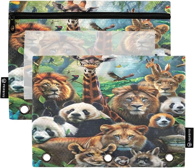 Animals Pencil Pouch for 3 Ring Binder, 2 Pack Waterproof Pencil Bags Clear Window Pencil Case Zipper School Office Supplies