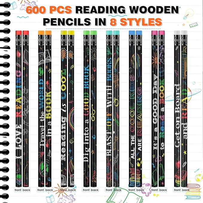 Pasimy 600 Pcs Reading Motivational Pencils Bulk Black Novelty Wooden Pencils with Eraser Classroom Inspirational Pen with Sayings for Kids Student Teacher School Reward Gifts Stationery Party