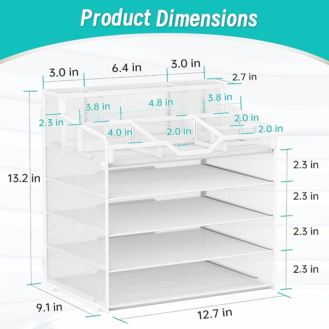 5 Tier Mesh Paper Desk Organizer with Pen Holders, White | Features 3 pen holders, and 5 adjustable compartments for office school home desk storage