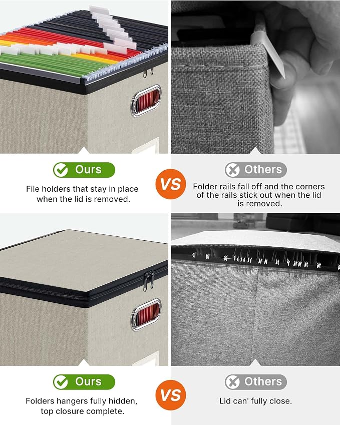 Oterri File Box Large 2-Pack Hanging Organizer for Letter/Legal-Size Folder | Dustproof Lid. 3 Mesh Pockets. Collapsible Scratch-Resistant GRS Linen. Slide Rails. Office, Home, Dorm