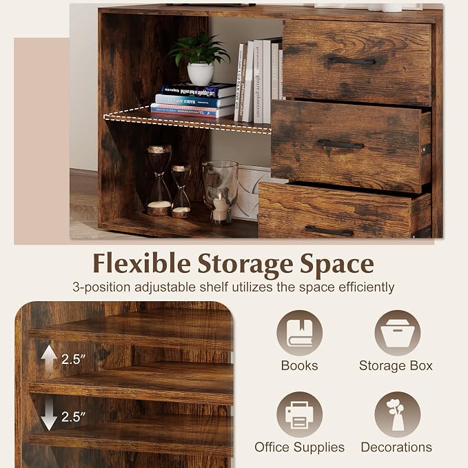 Giantex 55 Inch L-Shaped Desk with Charging Station, Reversible Computer Desk with 3 Drawers, Adjustable Shelf, Large Computer Workstation, Corner Desk for Small Spaces, Home Office (Rustic Brown)