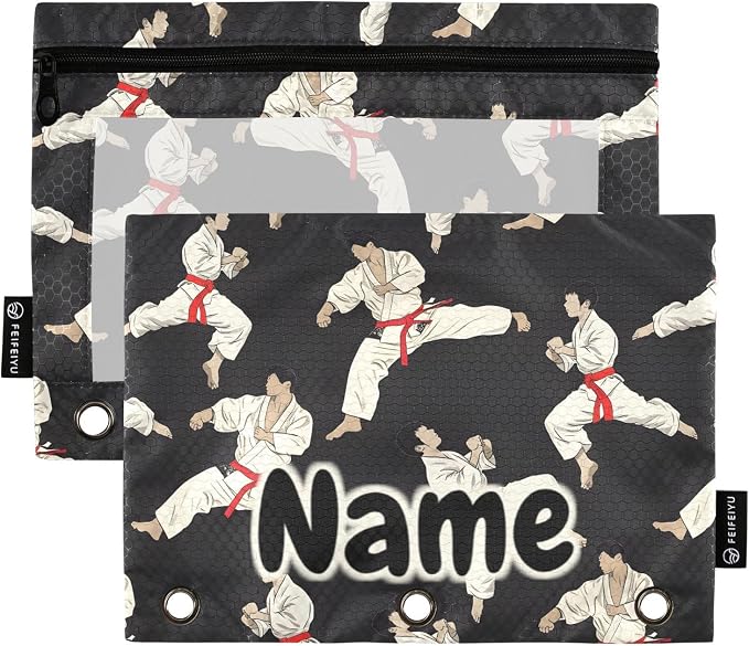 Custom Karate Black Pencil Pouch for 3 Ring Binder, 2 Pack Personalized Name Waterproof Pencil Bags Clear Window Pencil Case School Office Supplies