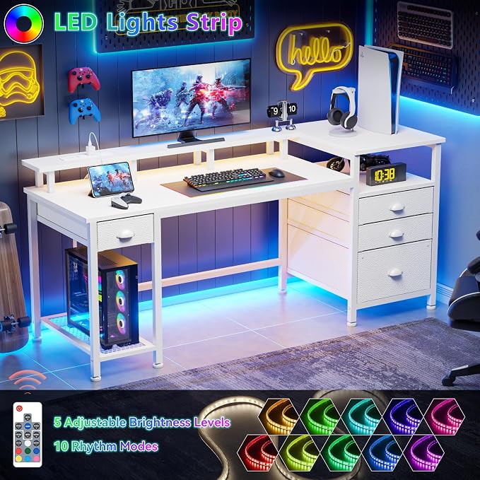 Furologee 60" White Computer Desk with 4 Drawers, Power Outlet, LED Lights | Home Office Desk with Full Monitor Stand,Storage Shelves, 4 File Drawers Cabinet ,Printer Space for Study Working Bedroom