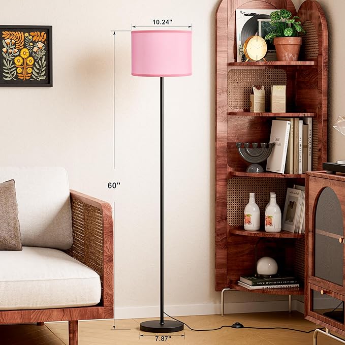 60'' Modern Floor Lamp with Shade, Tall Lamps for Living Room, Bedroom, Office, Dining Room, Pink Shade with Black Pole(Without Bulb)