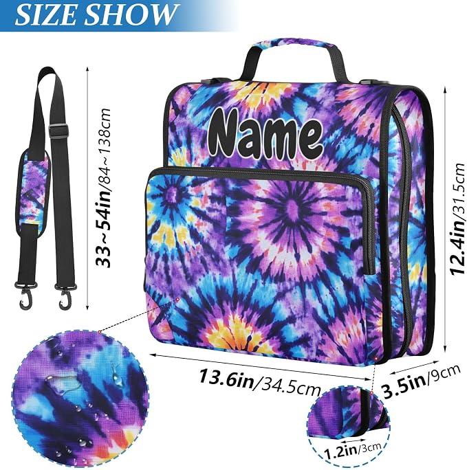 Custom Tie Dye Blue Purple 3 Ring Binder Bag 1.5 inch Personalized Name Binder Organizer 500 Sheet Documents Storage for School Office