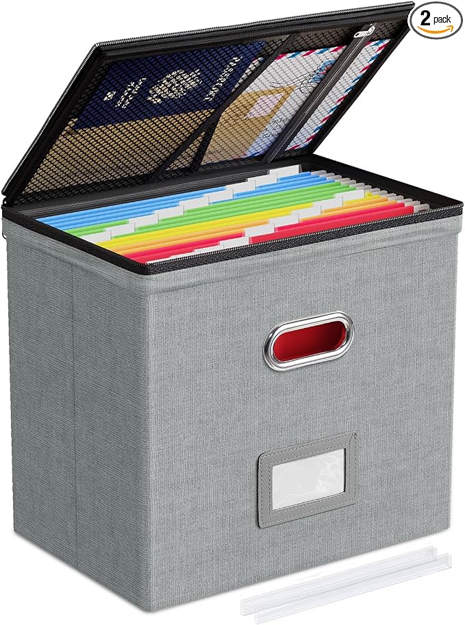 Oterri File Box Small 1-Pack Mesh Pockets Hanging Organizer for Letter-Size | Dustproof Lid. 3 Mesh Pockets. Collapsible Scratch-Resistant GRS Linen. Slide Rails. Office, Home, Dorm
