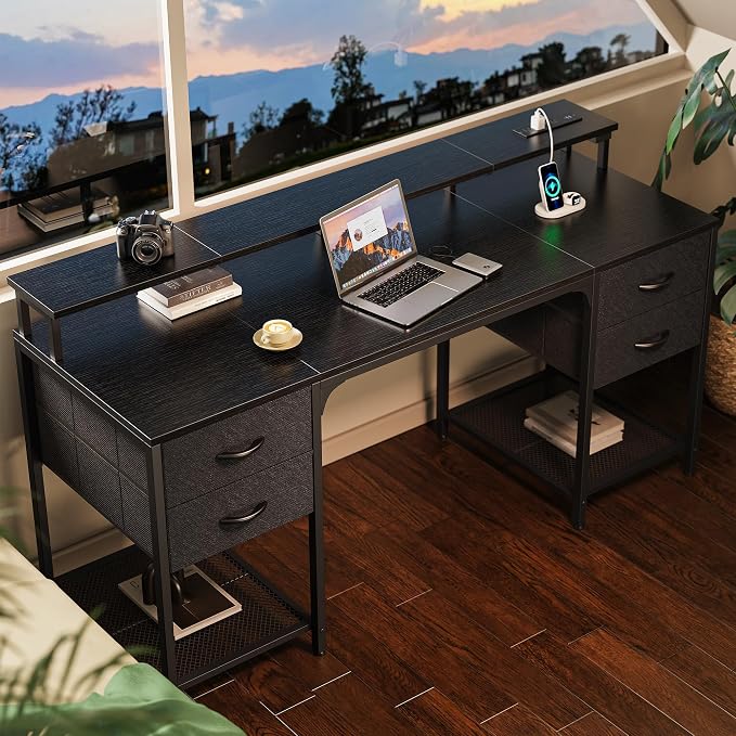 Huuger 63 inch Computer Desk with Power Outlets & 4 Drawers | Gaming Desk with LED Lights, Home Office Desk with Large Storage Space for Bedroom, Work from Home, Black