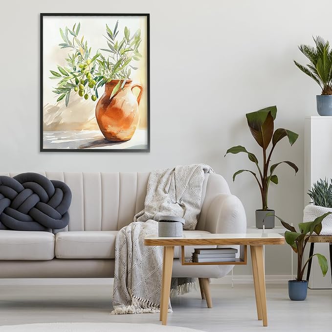'Olive Branch in Terracotta Vase'| Framed Giclee Art | Stupell Industries | Black, 24 x 30 Inches, Easy to Hang and Sturdy, Made in USA, by LSR Design Studio