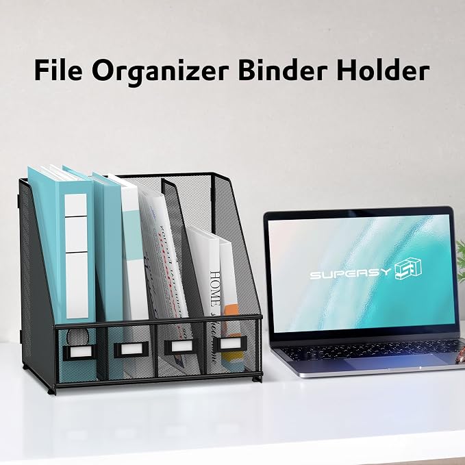 4-Compartment Magazine File Holder and File Organizer for Desk, Black | Metal Magazine Holder and Magazine File Holder, 4-Compartment File Organizer for Binders Folders Magazines and Paper