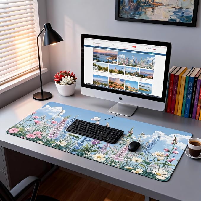 Cute Floral Aesthetic Wildflower Gaming Mouse Pad, Sky Blue Anime Desk Mat with Anti-Slip Base & Stitched Edges,35.4" x 15.7" in Desk Accessories for Women, Home Office Decor & Artistic Gift