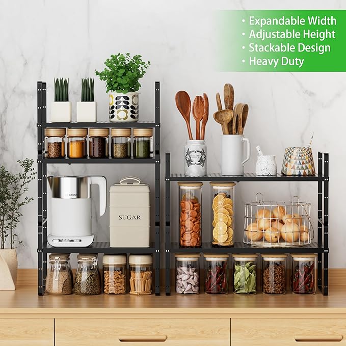 SOFRON Expandable Cabinet Storage Shelf Stackable Organizer Rack for Kitchen Bathroom Pantry Spice Cupboard Coffee Countertop Home Office Desk Heavy Duty Nonslip Black Large 3 Packs