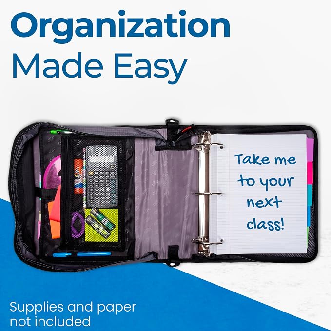 Case-it The Mighty Zip Tab Zipper Binder - 3 Inch O-Rings - 5 Color Tab Expanding File Folder - Multiple Pockets - 600 Sheet Capacity - Comes with Shoulder Strap - Jet Black D-156-N (Pack of 3)