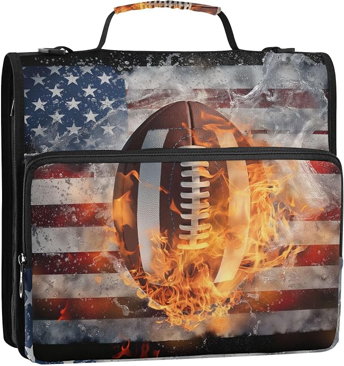 Fisyme American Football Ball in Fire and Water American Flag Zipper Binder 3 Ring with Zipper and Shoulder Strap Large Capacity Multi-Pocket Binder Organizer
