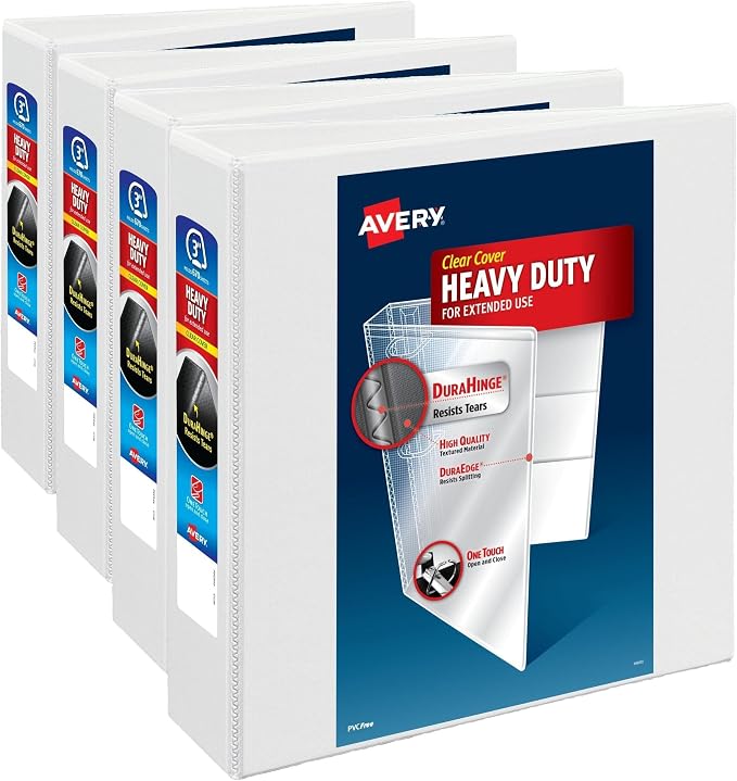 Avery Heavy-Duty View 3 Ring Binder, 3" One Touch EZD Rings, 670-Sheet Capacity, 3.5 Inch Wide Spine, Great for Home, School Supplies, Office, or Organization Needs, 1 White Binder (79193) (Pack of 4)