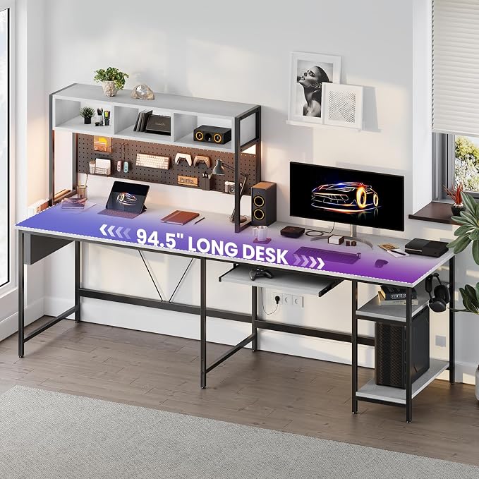 DUMOS 67" L Shaped Gaming Desk, Reversible Computer Desks with LED Lighting | Corner Desk for Compact Spaces, Keyboard Tray & Storage Shelf, Home Office, White