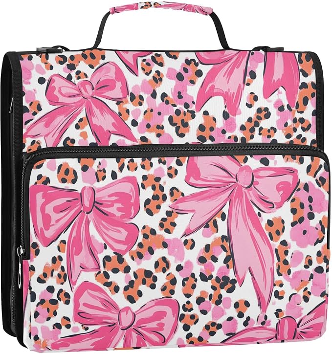 3 Ring Zipper Binder with Shoulder Strap Pink Bow Leopard Print 1.5 inch Binders Keeper Large Capacity Multi Pockets for School Office Supplies