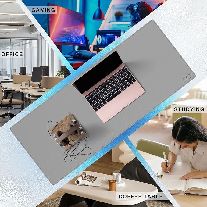 Cacoy 40" x 16" PU Leather Desk Pad Blotter, Extended Gaming Computer Mouse Pad, Waterproof Writing Pad Desktop Protector Mat for Office and Home (Grey)